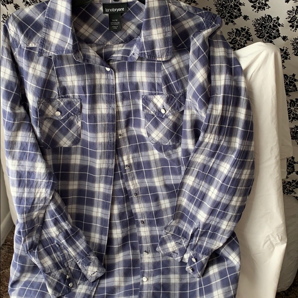 Blue & white plaid pearl button blouse Lane Bryant